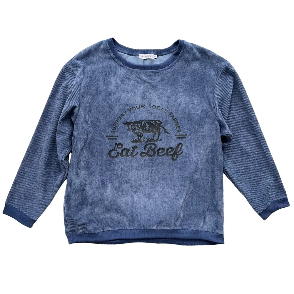 MissLook Women Size XL Blue Ribbed Graphic Eat Beef Cow Long Sleeve Pullover Top